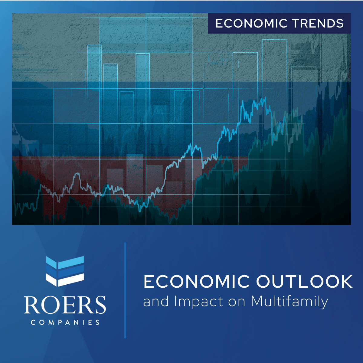 Graph overlay on a dark textured background with upward and downward financial trends. Text reads 'Economic Outlook and Impact on Multifamily' with Roers Companies branding.