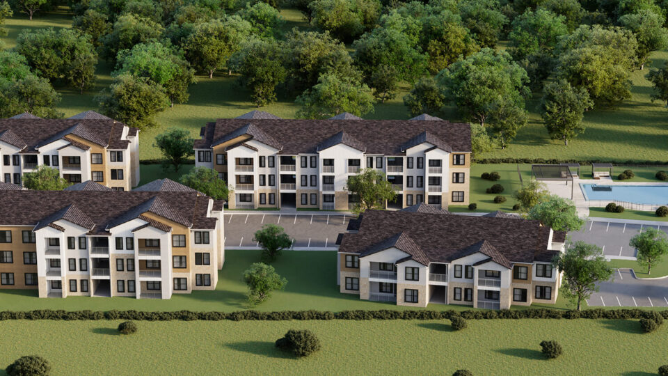 Aerial rendering of a residential complex with multiple three-story buildings surrounded by greenery, parking areas, and a pool. The design features a modern style with sloped roofs and light-colored exteriors.